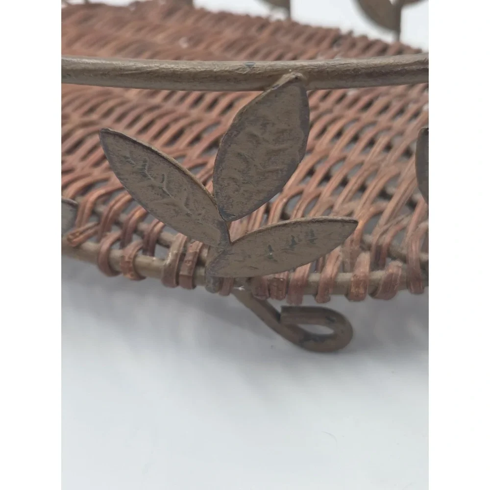 Vintage Metal & Wicker Oval Basket Tray Feet & Handles Leaf Pattern Boho Autumn